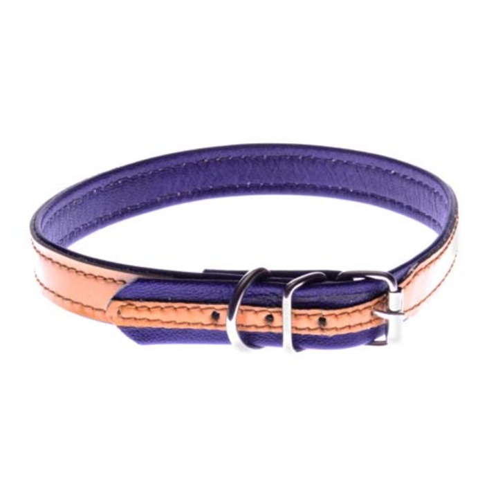 Cobbys Pet Valódi bőr nyakörv, magasfényű világosbarna, lila csiszolt bőrrel bélelve 15mm/40cm