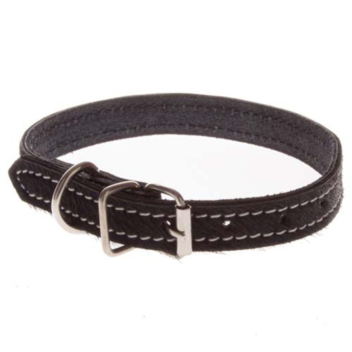 Cobbys Pet Valódi fekete bőr nyakörv szőrrel, fehér cérnával varrott 35cm/15mm