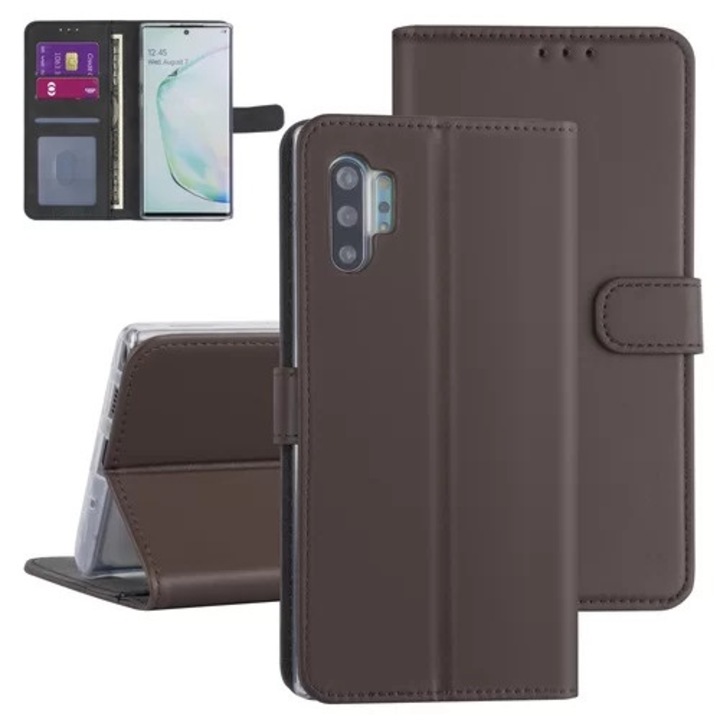 Калъф за телефон Samsung Galaxy NOTE 10+ (NOTE 10 Plus) - калъф книжка с кафява магнитна силиконова рамка