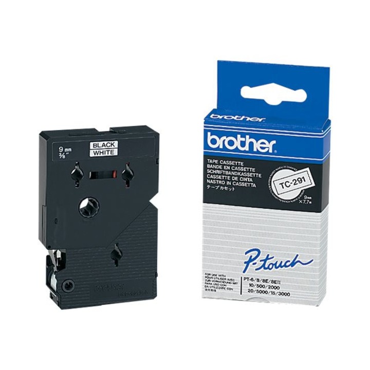 Brother TC-291 (9mm) - 7.7m fehér alapon fekete eredeti öntapadó P-Touch szalag