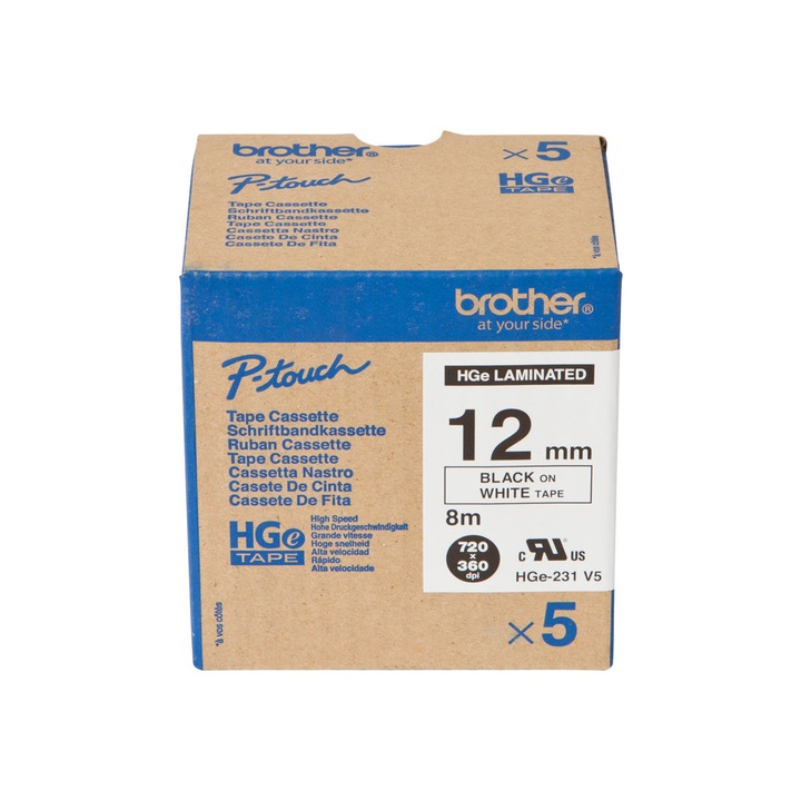 Brother HGE231V5 12 mm x 8 m fehér alapon fekete, gyors nyomtatású szalag (5 db)
