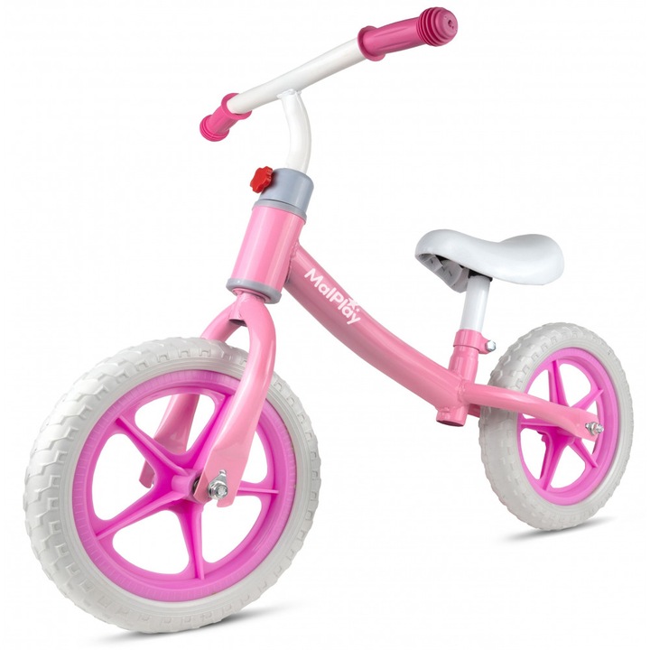 Bicicleta fara pedale cu roti de 12 inch din spuma EVA, cu scaun si ghidon reglabile in inaltime, Push Sport Roz, inaltime sezut 29-34 cm, de la 3 ani, inaltime recomandata 80-108 cm