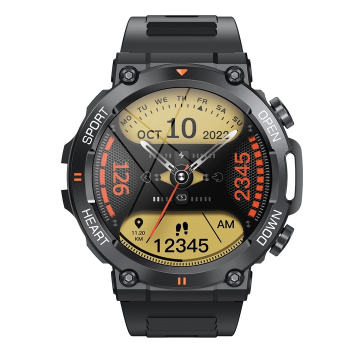 Ceas smartwatch pentru barbati military, ALTY Pro, rezistent la apa IP68, Notificari Apeluri/Sms/Social Media, monitorizare activitati fizice, somn, ritm cardiac, pedometru, rezistent la apa, negru
