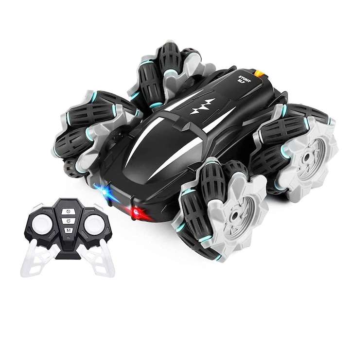 Masina cascadorie 360 grade cu telecomanda si acumulator de 3.7V, Off Roade cu senile, faruri luminate, Negru