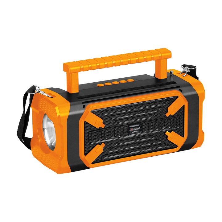 Boxa Portabila cu Radio Si Lanterna, Incarcare Solara, Bluetooth, Card, USB, Utila pentru calamitati naturale, cutremure, furtuni, Culoare Portocaliu