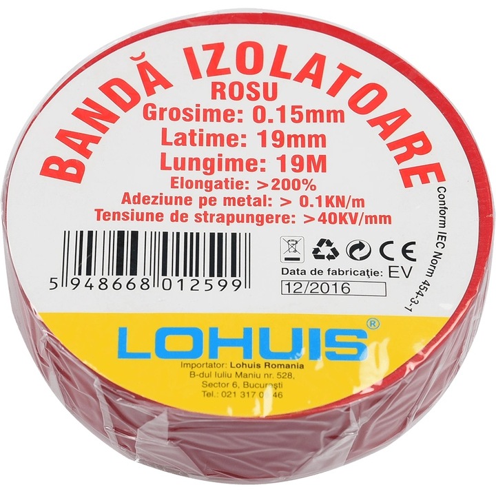 Banda izolatoare din PVC Lohuis, rosu, 1900 x 19 x 0.15 mm