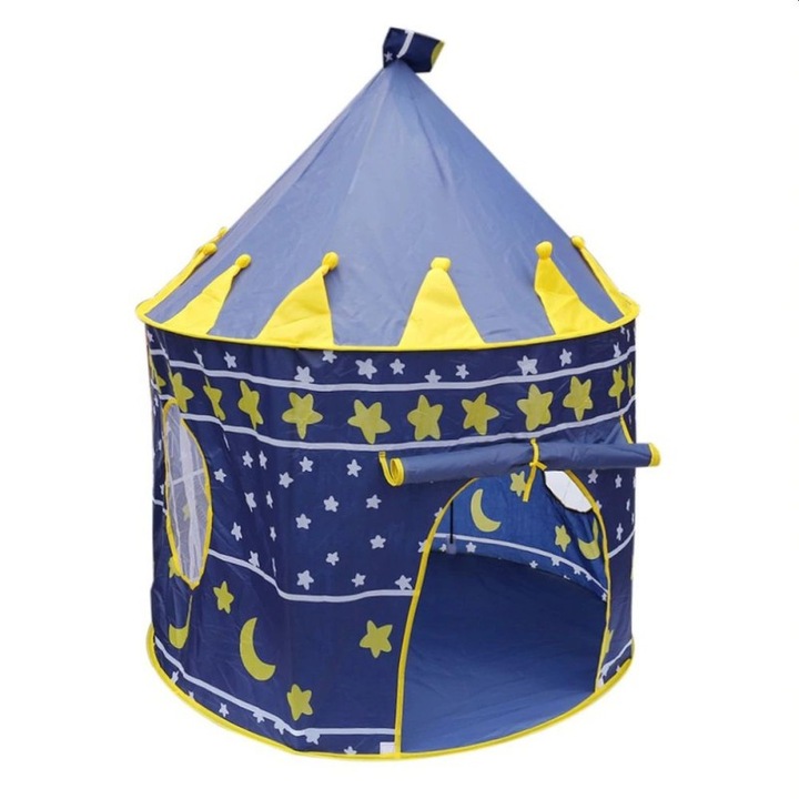 Cort tip castel pentru copii, PROCART, imprimeu stele si luna, 135x105 cm, albastru