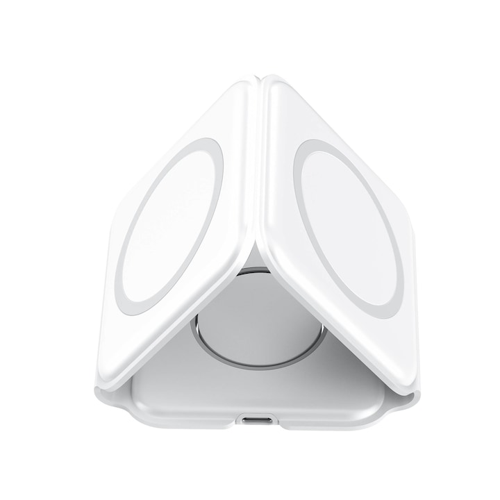 OEM FastCharge töltő, Ultra-hordozható, 3 az 1-ben, 15 W vezeték nélküli MagSafe, kemping, iPhone, Samsung, Huawei, Oppo, Xiaomi, Apple Watch, Airpods Pro, Galaxy Buds, TWS kompatibilis, fehér