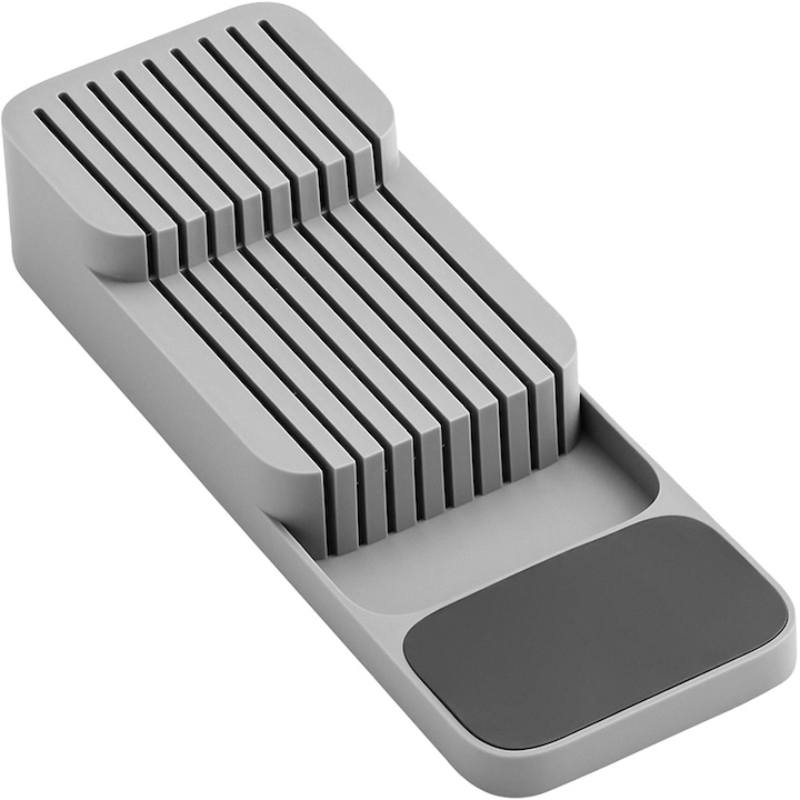 Suport Cutite pentru Sertar, 9 Compartimente, Picioare Antiderapante, 39.5x13.7x7.3cm, Gri