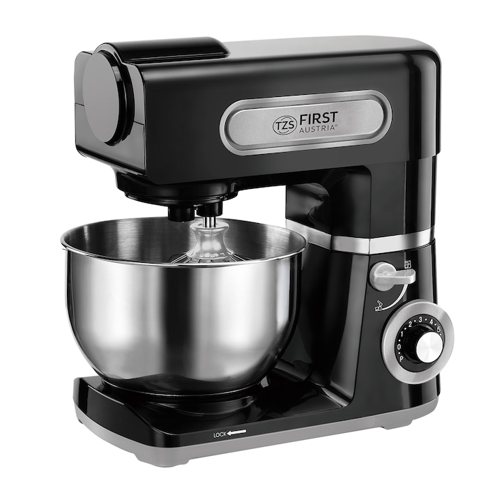 TZS First Austria Robot de bucătărie profesional, malaxor de aluat, 1500 W, bol de 6 litri, 6 trepte de viteză, cu două tipuri de tel, cârlig pentru aluat, din oțel inoxidabil