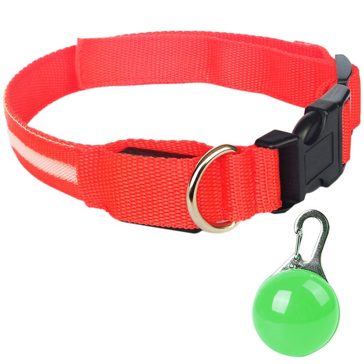 Zgarda pentru catei, ajustabila, cu lumini LED, marime M, 40-48cm circumferinta gat, Rosu/Verde