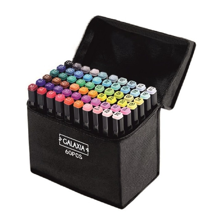 Set 60 de carioci profesionale GALAXIA, Markere multicolore, Cu cerneala pe baza de alcool, Cap dublu