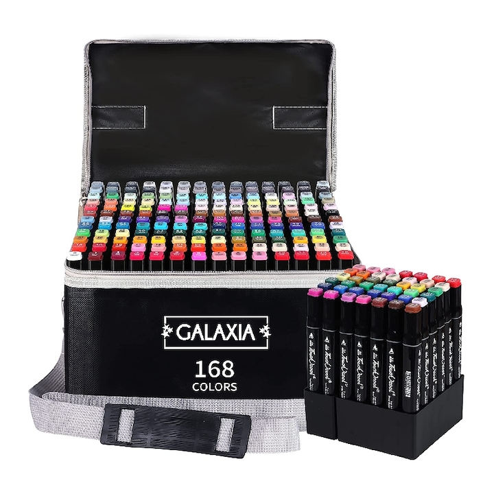 Galaxia Professzionális filctoll készlet, 168 db, Alkohol alapú tintával, Dupla fej, többszínű