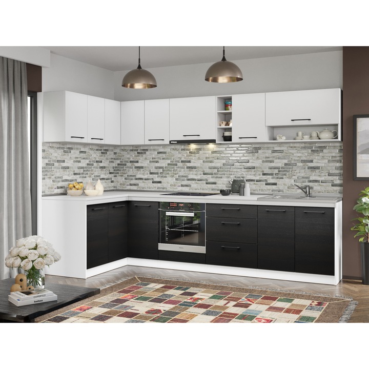 Set Mobila Bucatarie Colt, Mina Yang, Ferrara/Alb, C143, L 144/304 x A 60 x H 200 cm