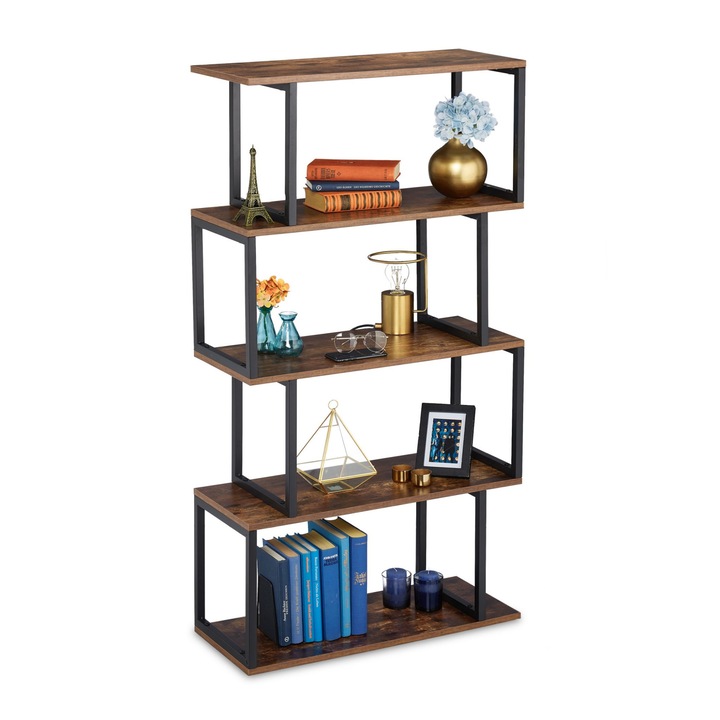 Relaxdays, 5 polcos könyvespolc, ipari kivitel, 136 x 73 x 30 cm, barna