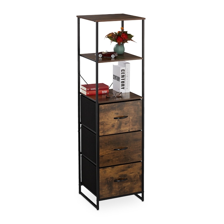 Raft vintage, design industrial, 3 sertare/3 rafturi, MDF/lemn, 155 x 43 x 42,5 cm