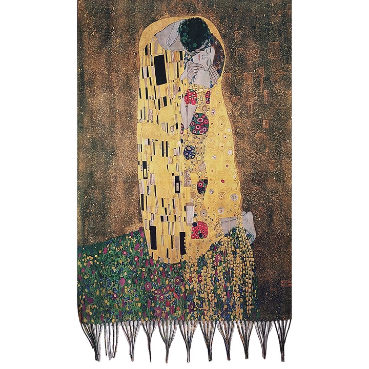 Esarfa tip sal din lana, Pictura Gustav Klimt, Sarutul, Multicolor, 200x73cm