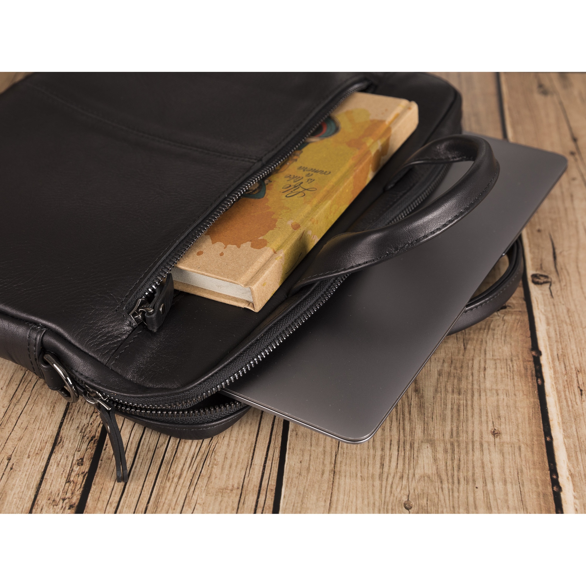 Geanta piele moale naturala premium, cu manere si bareta de umar, pentru MacBook Pro 14, 13 inch, Air 13, laptopuri, tablete pana in 14 inch, 13 inch, Bouletta Apollo, Rustic black