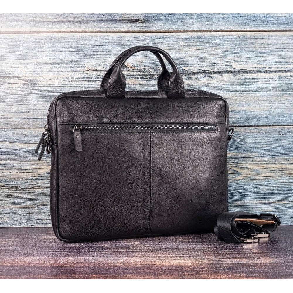 Geanta piele moale naturala premium, cu manere si bareta de umar, pentru MacBook Pro 14, 13 inch, Air 13, laptopuri, tablete pana in 14 inch, 13 inch, Bouletta Apollo, Rustic black