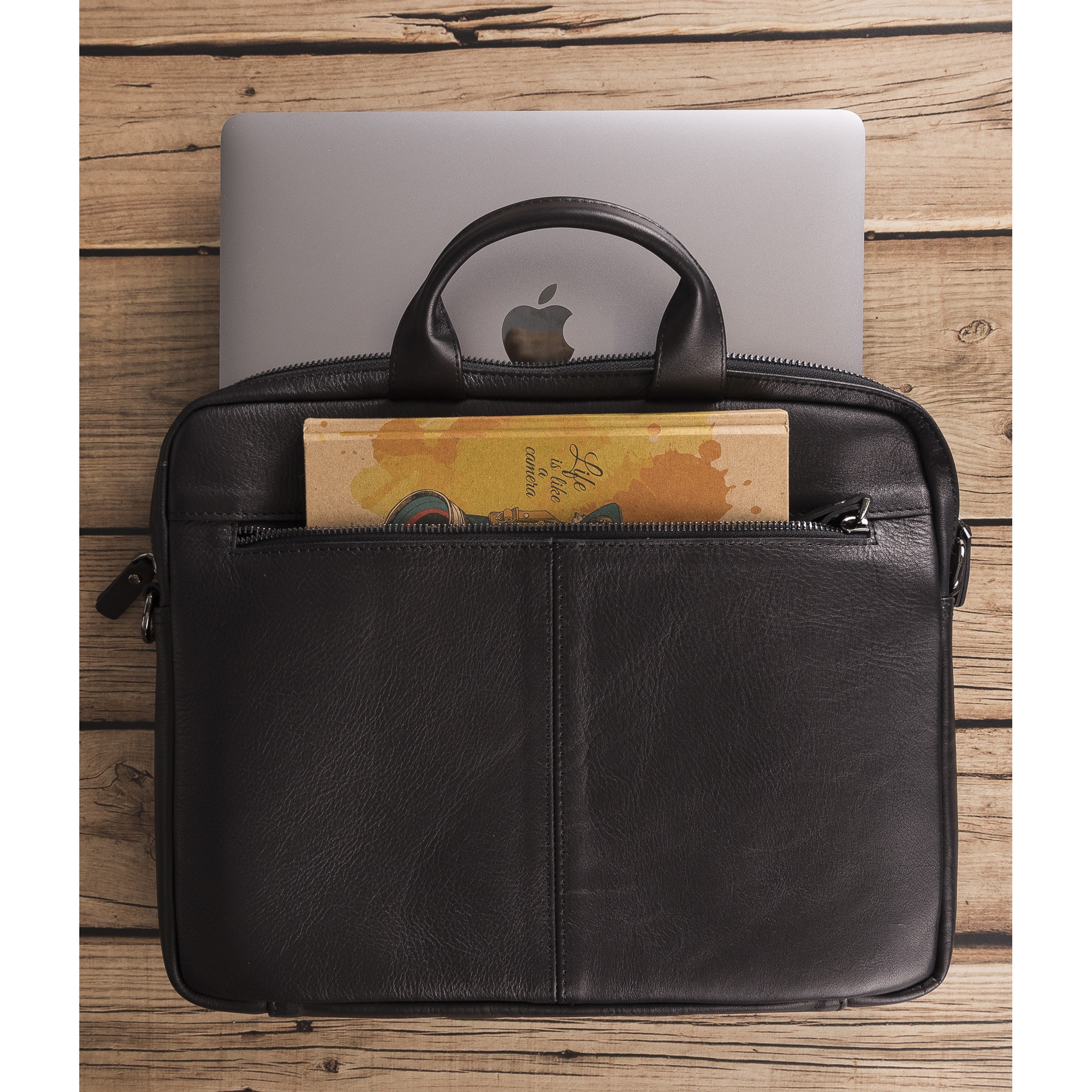 Geanta piele moale naturala premium, cu manere si bareta de umar, pentru MacBook Pro 14, 13 inch, Air 13, laptopuri, tablete pana in 14 inch, 13 inch, Bouletta Apollo, Rustic black