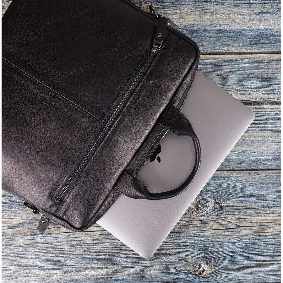 Geanta piele moale naturala premium, cu manere si bareta de umar, pentru MacBook Pro 14, 13 inch, Air 13, laptopuri, tablete pana in 14 inch, 13 inch, Bouletta Apollo, Rustic black