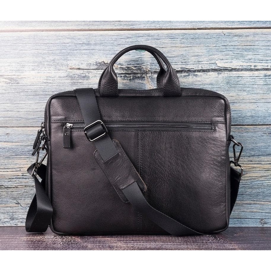 Geanta piele moale naturala premium, cu manere si bareta de umar, pentru MacBook Pro 14, 13 inch, Air 13, laptopuri, tablete pana in 14 inch, 13 inch, Bouletta Apollo, Rustic black