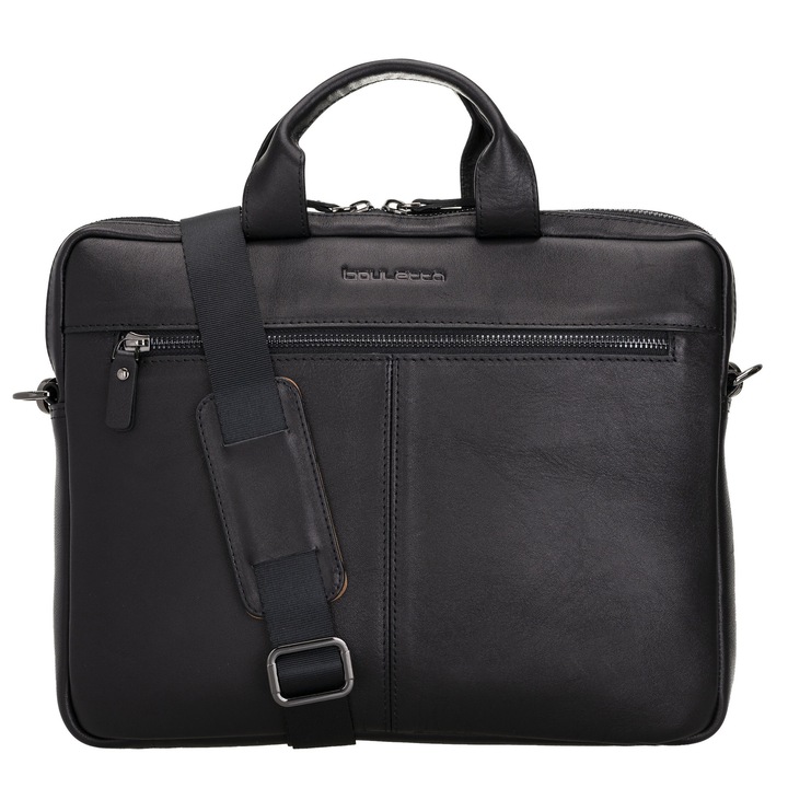 Geanta piele moale naturala premium, cu manere si bareta de umar, pentru MacBook Pro 14, 13 inch, Air 13, laptopuri, tablete pana in 14 inch, 13 inch, Bouletta Apollo, Rustic black