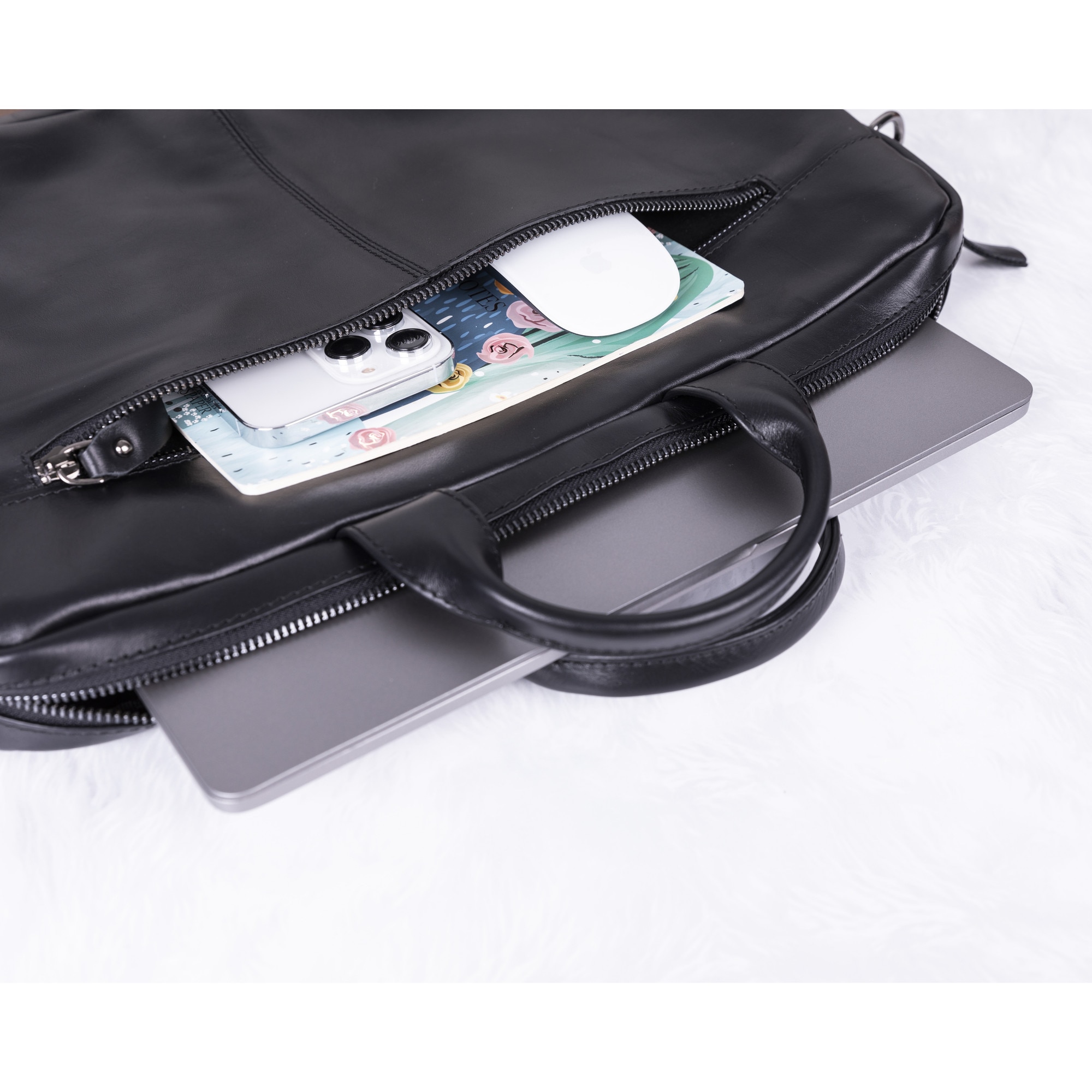 Geanta piele moale naturala premium, cu manere si bareta de umar, pentru MacBook Pro 14, 13 inch, Air 13, laptopuri, tablete pana in 14 inch, 13 inch, Bouletta Apollo, Rustic black