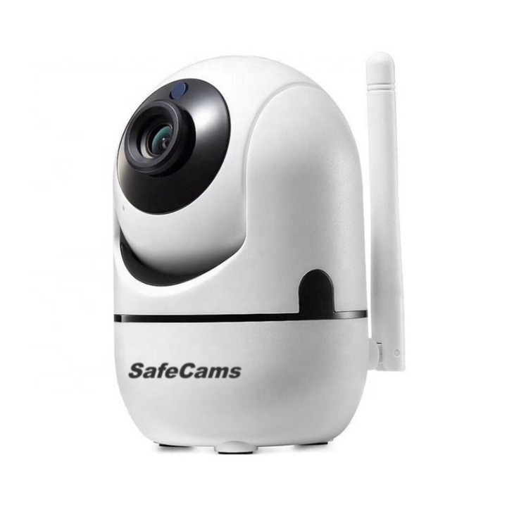 SafeCams vezeték nélküli babafigyelő 3MP FullHD, baba audió videó megfigyelés, automatikus követés, éjjellátó, kétirányú hang, Push To Talk funkció, automatikus forgatás, FullHD, mozgásérzékelő, fehér színű