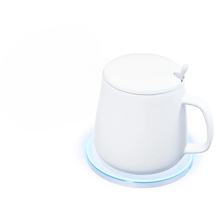 Set cana ceramica inteligenta HC2S, ZeyKat®, cu incalzire si mentinere temperatura, incarcare wireless telefon, 400ML, alba