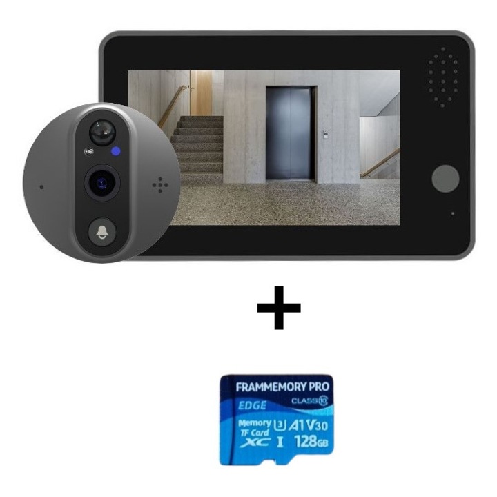 Vizor/sonerie video smart FRAMMINO®, de identificare si supraveghere wireless, TuyaSmart/SmartLife App, 1080P, 2MP, full HD, baterie 5000 mAh reancarcabila incorporata, monitor de 136 mm, sensor de miscare, audio bidirectional cu anularea zgomotului