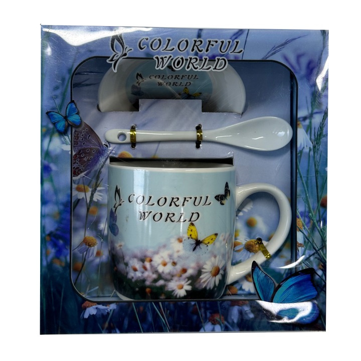 Комплект керамични чаши за чай, Energy Mug, с керамична лъжица и чинийка, флорален принт, в елегантна кутия, Colorful World, Blue, Velve, 300 ml