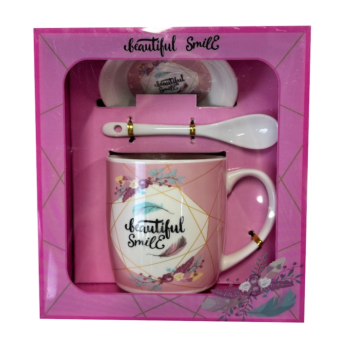 Комплект керамични чаши за чай, Energy Mug, с керамична лъжица и чинийка, флорален принт, в елегантна кутия, Beautiful Smile, Pink, Velve, 300 ml