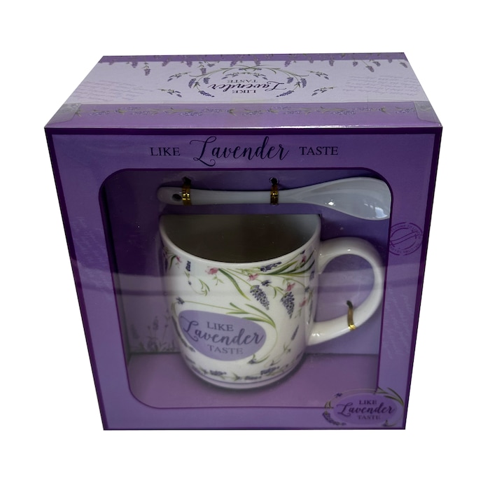 Комплект керамични чаши за чай, Energy Mug, 300 мл, с керамична лъжица и чиния, флорален принт, в елегантна кутия, Вкус на лавандула, Лилаво, Кадифе, 300 мл