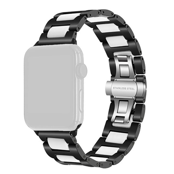 WatchBand Effortless метална/ керамична каишка, съвместима с Apple Watch 1/2/3/4/5/6/7/8/SE/Nike+/Ultra - бяло-черно, 38/40/41 mm