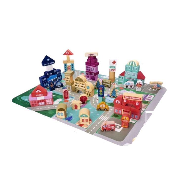 Oktató jellegű fakocka puzzle, város, 100 db, 55x42cm