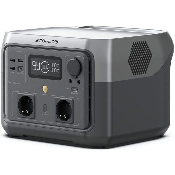 Statie de incarcare portabila EcoFlow Power Station River 2 Max, 512 Wh, 1000W, iesire USB-A, DC, USB-C, Wi-Fi, Bluetooth