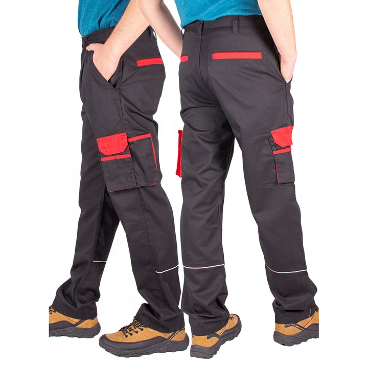 Pantaloni de lucru pana in talie pentru barbati cu buzunare, Negru-Rosu, W36-L32