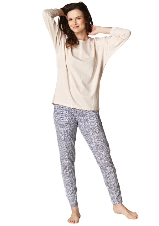 Pijamale dama, Key, Bumbac/Elastan, Bej/Albastru, Uni