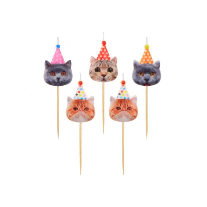 Комплект от 5 броя свещи за торта, модел котка
