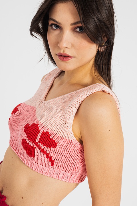 United Colors of Benetton, Къс плетен топ с шпиц деколте, Червен/Пастелнорозов/Бледо розово