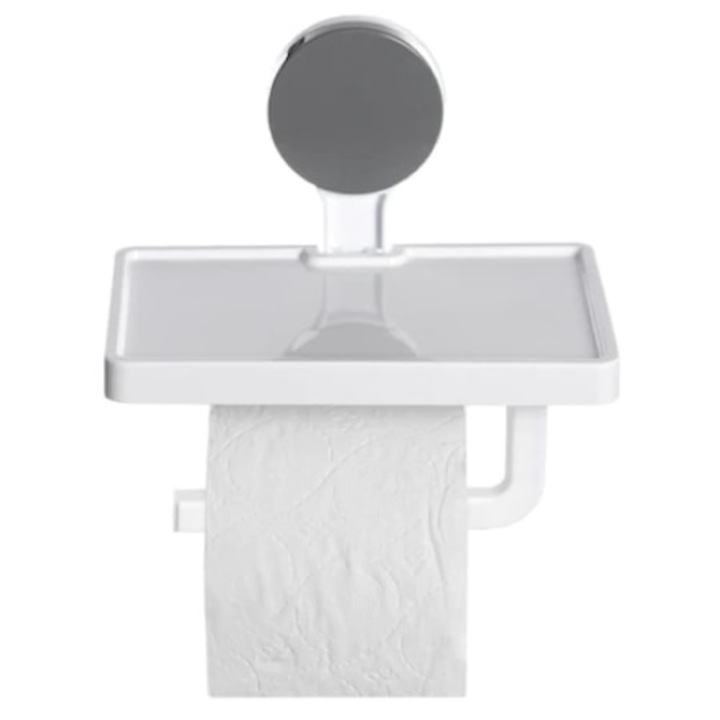 Suport hartie igienica, cu raft depozitare telefon sau alte accesorii, prindere cu ventuza, din plastic, alb