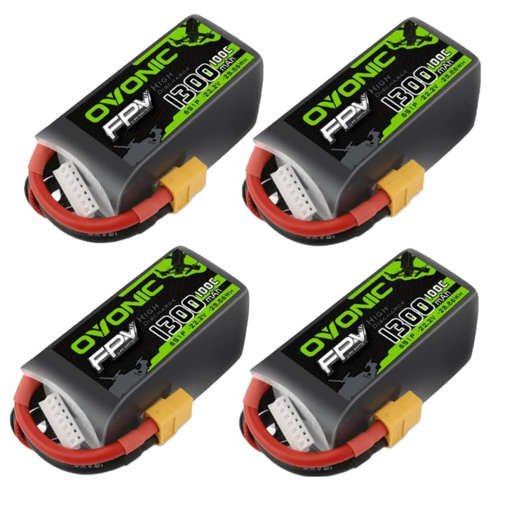 Set de 4 acumulatori Lipo 6S 22.2 V, 1300 mAh cu conector XT60, rata de descarcare 100C, pentru FPV RC masina, avion, drona
