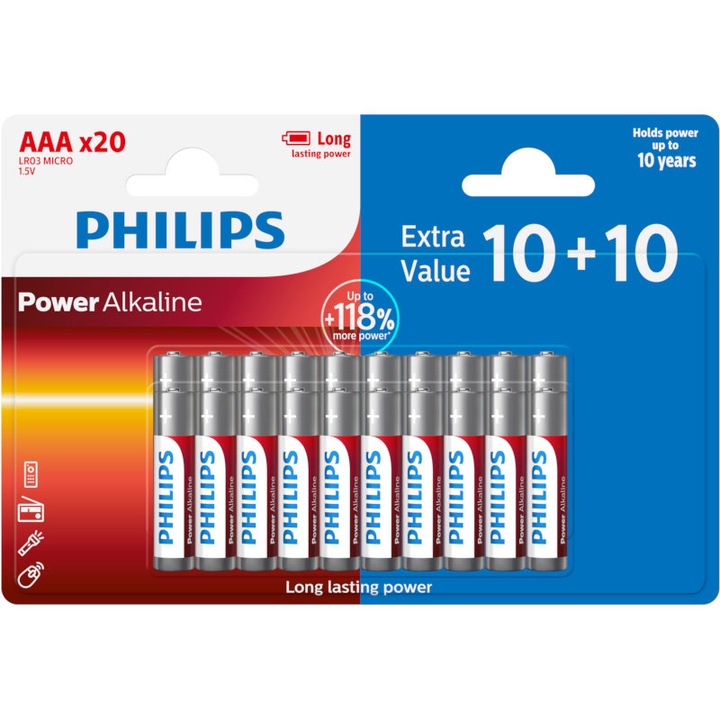 Set 20 baterii Philips, Alcalin, AAA, Multicolor