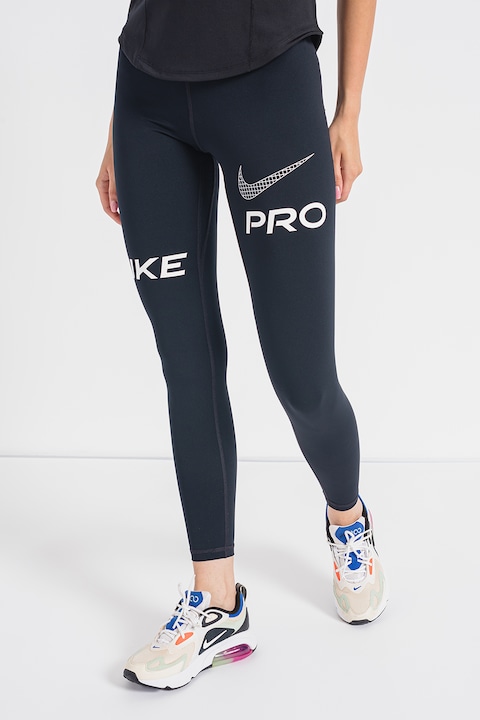Nike, Фитнес клин с Dri-Fit и контрастно лого, Черен