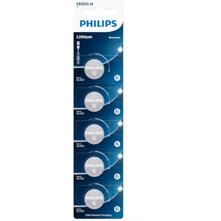 Set 5 baterii Philips, Lithium, CR2025, Argintiu