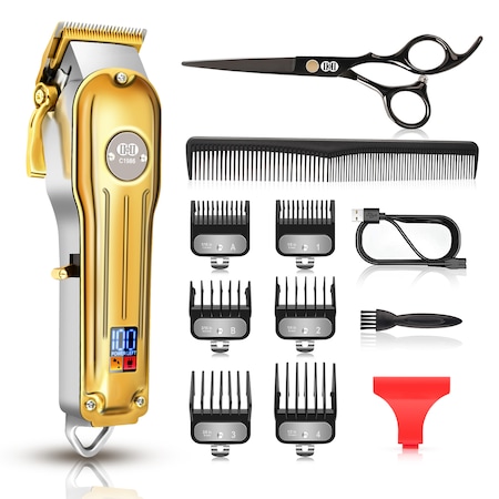 Masina de tuns profesionala, CIICII, C1986, cu acumulator, 6500rpm, cu 6 piepteni, afisaj LED, Wireless, Carcasa complet metalica, 2200mAh, 1.5mm - 12mm, Auriu