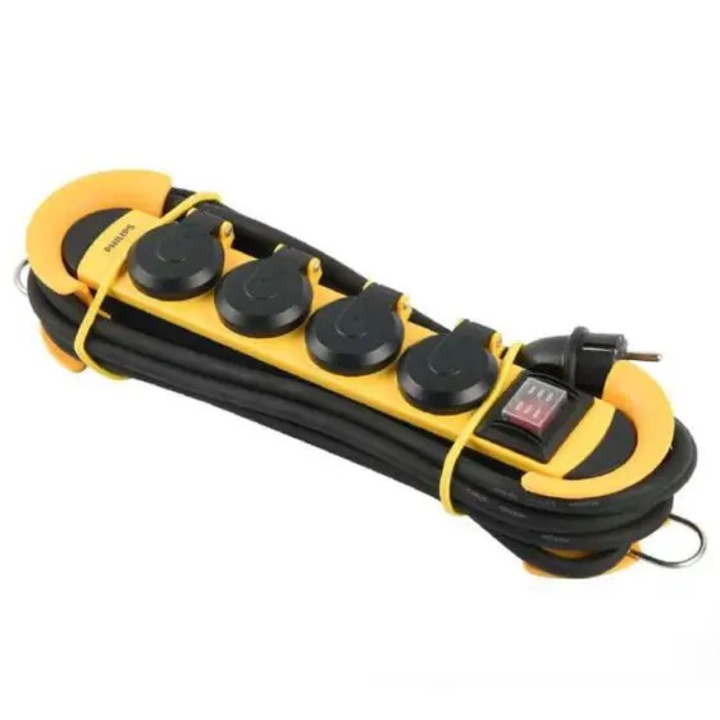 Prelungitor Philips, 4 prize, 5m, IP44, Negru/Galben