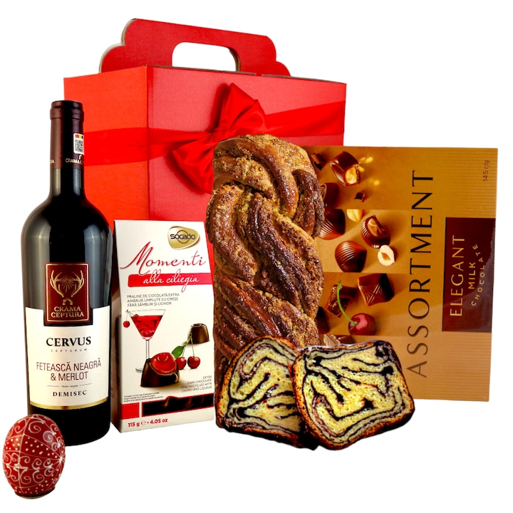 Cutie cadou de Paste cu vin rosu romanesc Feteasca Neagra&Merlot, cozonac Boromir si multe delicii dulci