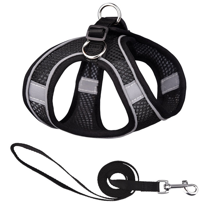 Set lesa/ham pentru catei/pisici, Nylon/Textil, 1.5m, Reflecrorizant, Negru, 2XS